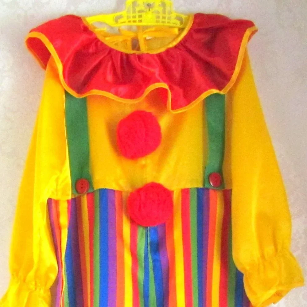 CLOWN COSTUME w WIG, KIDS M-L, RAINBOW CURLY WIG + NOSES, SCARF & SOCKS, FUN!